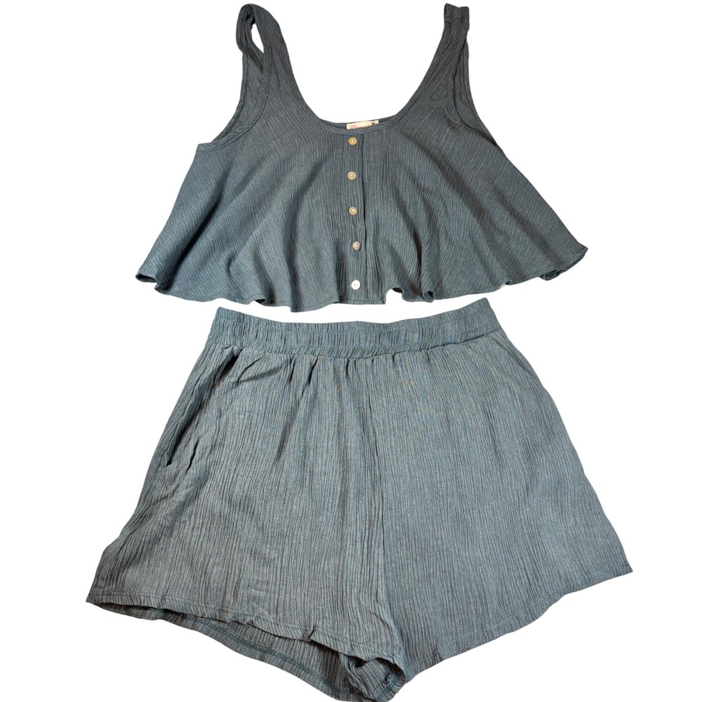 NWOT Maronie Anthropologie Slate Blue Textured Loungewear Crop Tank and Shorts M